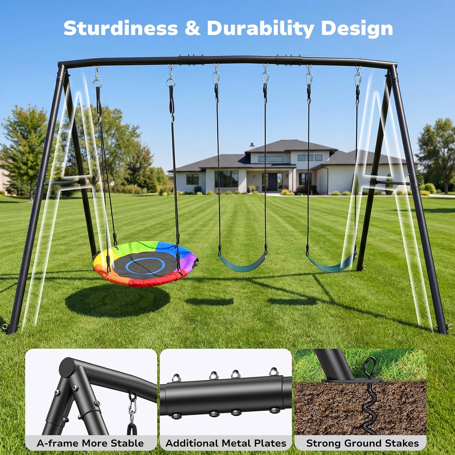 500lb Heavy Duty Metal Swing Sets for Backyard with Saucer Swing, Kids Triple Outdoor Swingset, Easy to Assemble