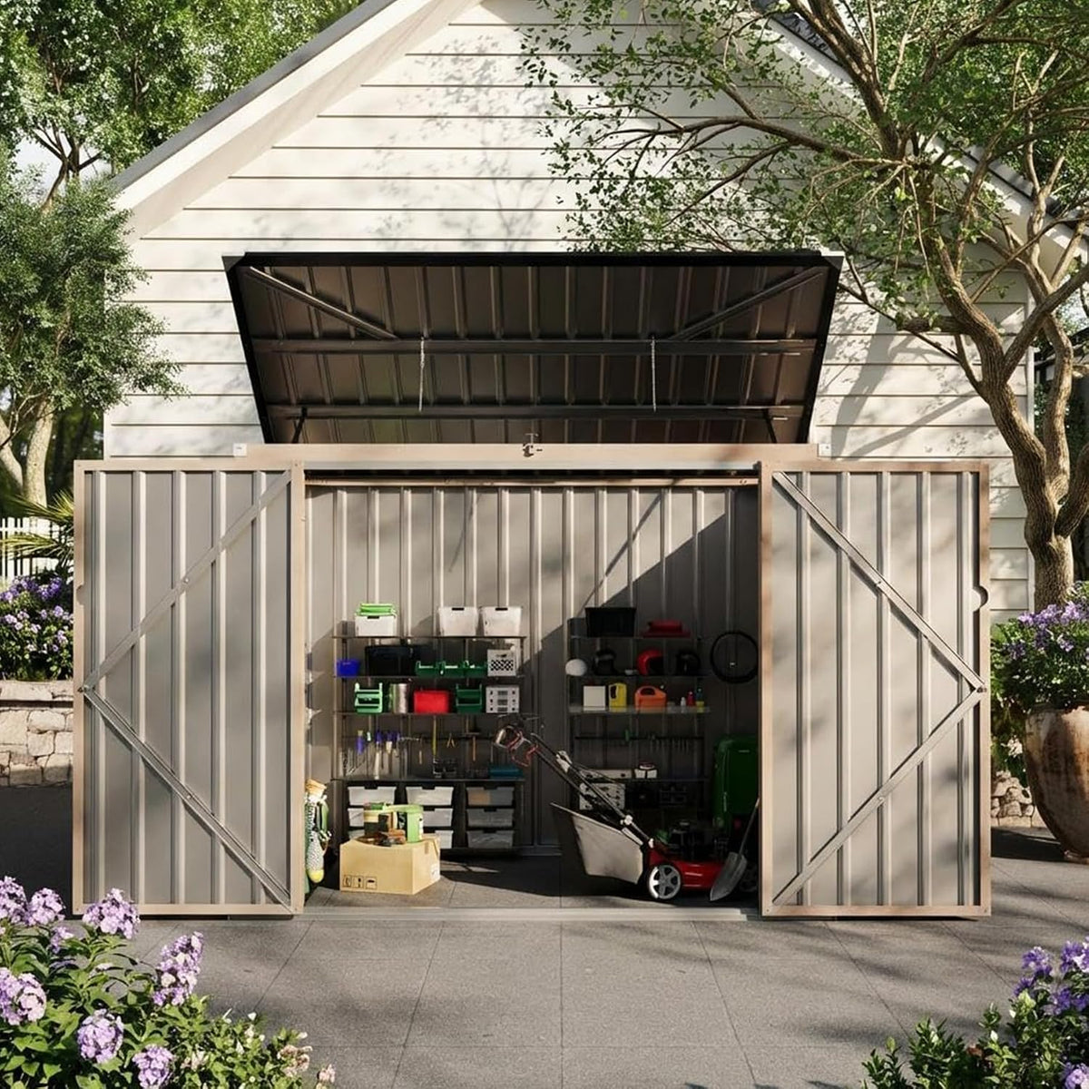 3x6 ft Outdoor Storage Shed for 2 Trash Bins, Metal Trash Can Shed with Weather-Resistant Chain Lid & Rod, Waterproof