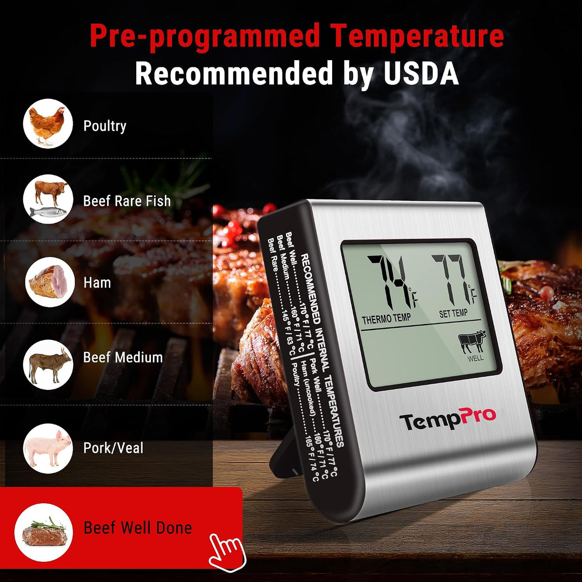 TempTrack Large LCD Digital Meat Thermometer for Cooking, Smoking