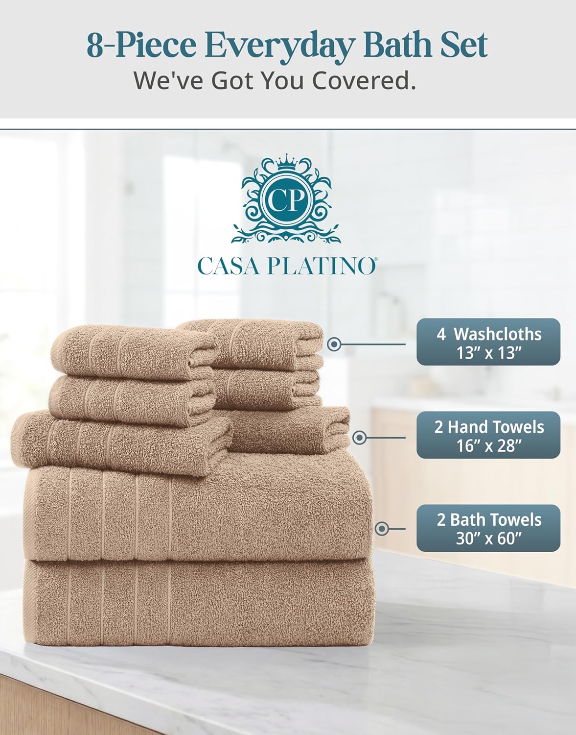 Bath Towel Set 100% Cotton 8 Piece Soft Absorbent - Beige | Shower Towels - Generously Sized, Oversized & Roomy