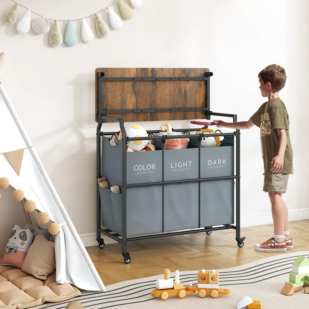 3 Section Laundry Sorter with Ironing Board, Laundry Hamper, Gray