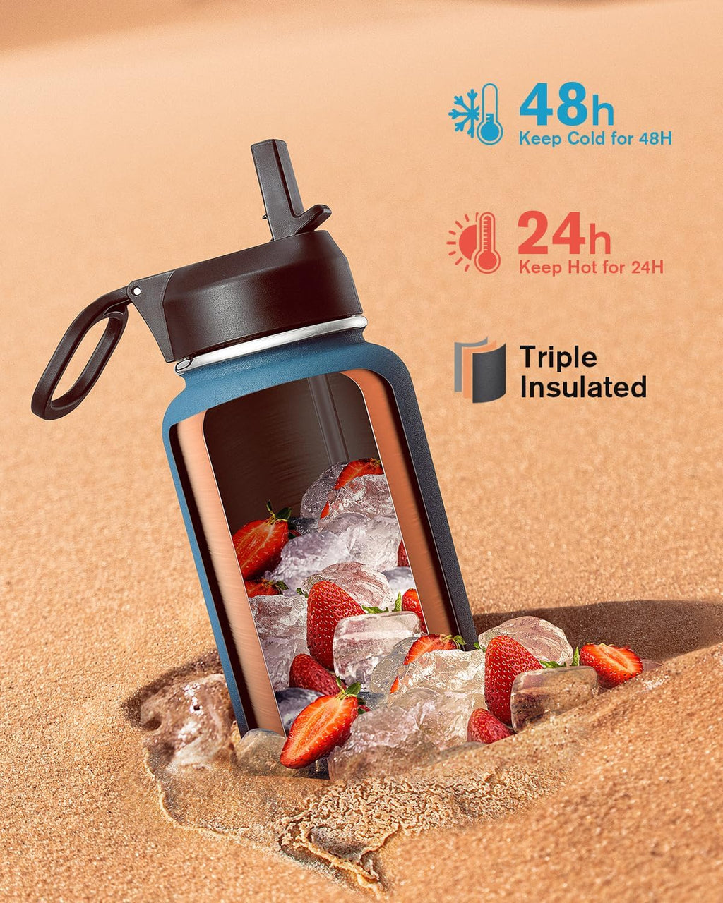 40 oz Water Bottle Insulated with Straw & 3 Leakproof Lids | Water Flask Stainless Steel Triple-Wall Vacuum,Cold