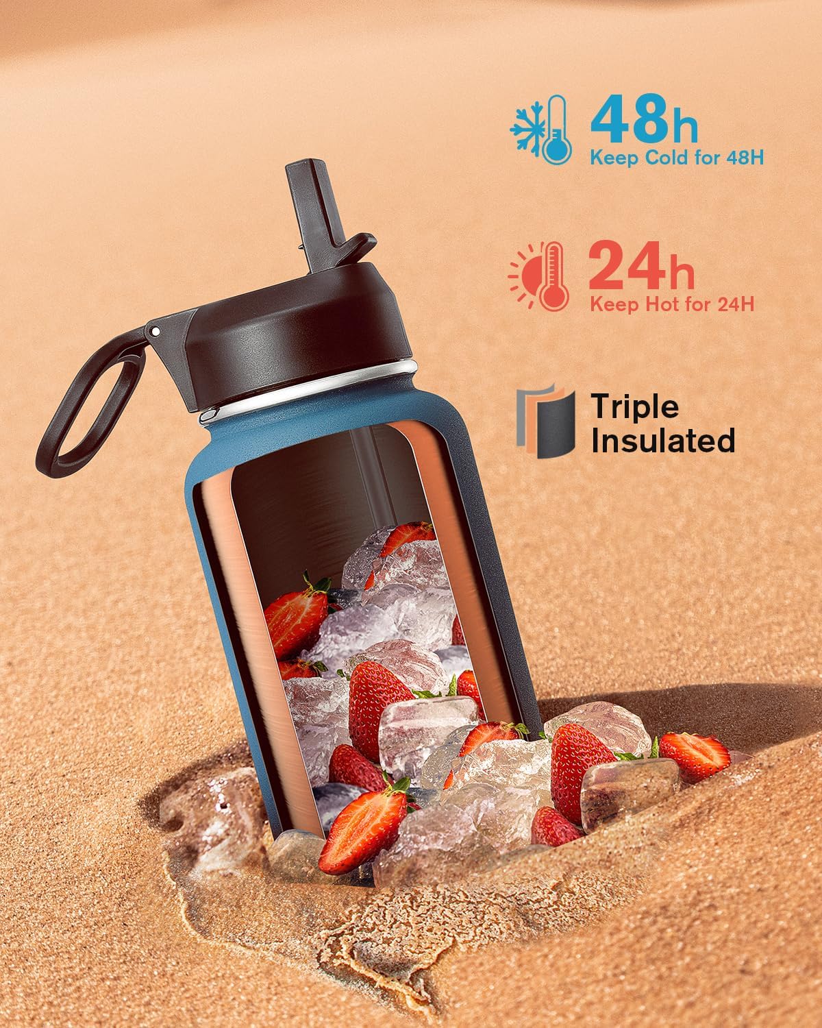 40 oz Water Bottle Insulated with Straw & 3 Leakproof Lids | Water Flask Stainless Steel Triple-Wall Vacuum,Cold