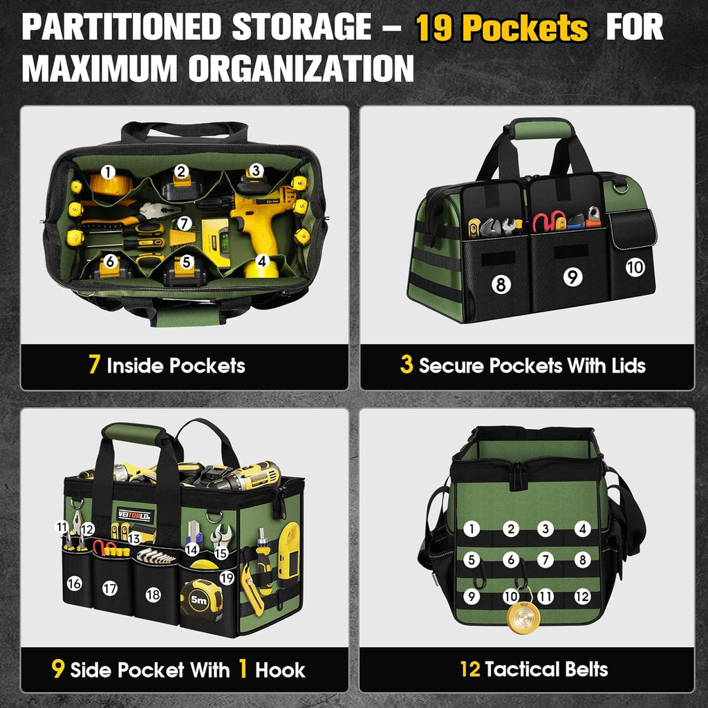 16-Inch Heavy Duty Tool Bag, 19-Pockets Tool Box Organizer, Portable Toolbag W/Soft Handle for Organized Storage