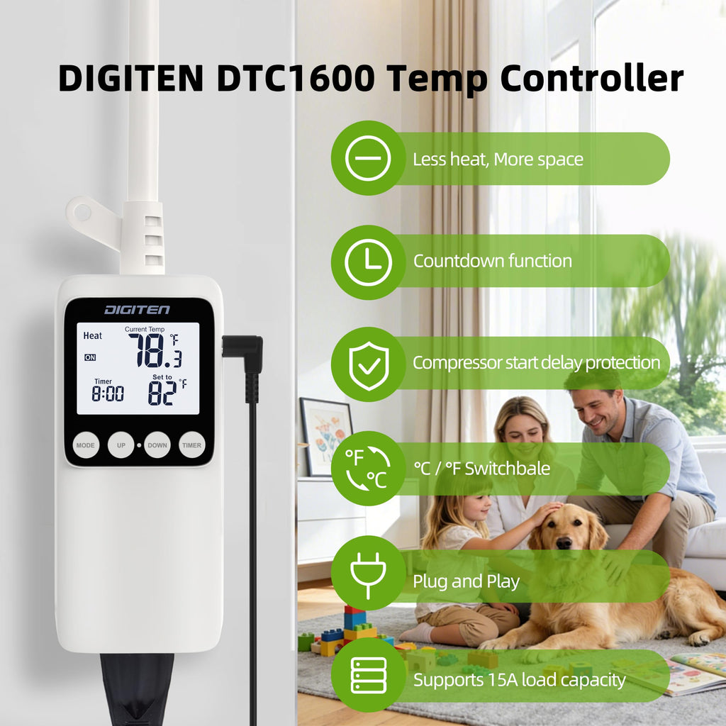 DIGITEN Temperature Controller with Timer, 15A/1800W Plug in Thermostat