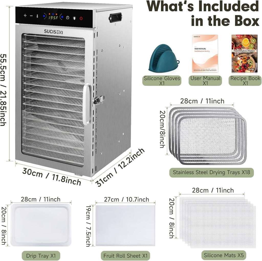 Food Dehydrator Machine 1000W 18 Trays Stainless Steel Commercial Food Dehydrated Dryer with 24H Timer Touch-Control