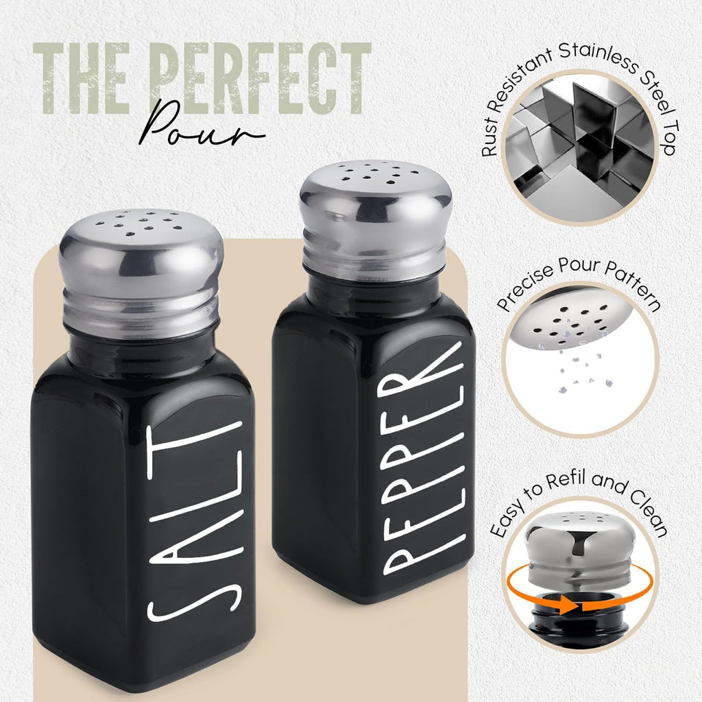 Black Salt and Pepper Shakers Set with Holder by Brighter Barns - Cute Salt Shaker with Caddy - Farmhouse Kitchen