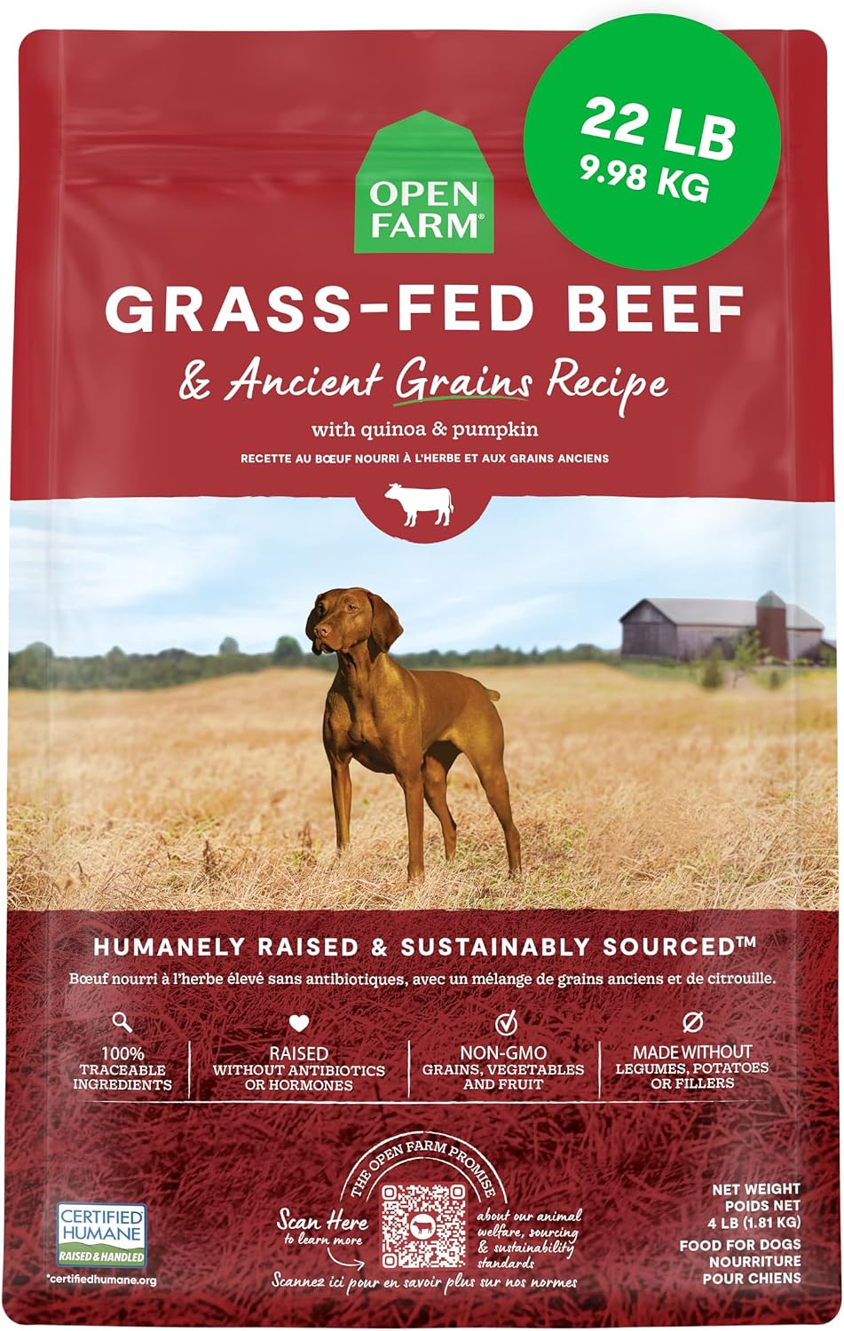 Ancient Grains Dry Dog Food, Grass-Fed Beef Kibble, 22lb Bag