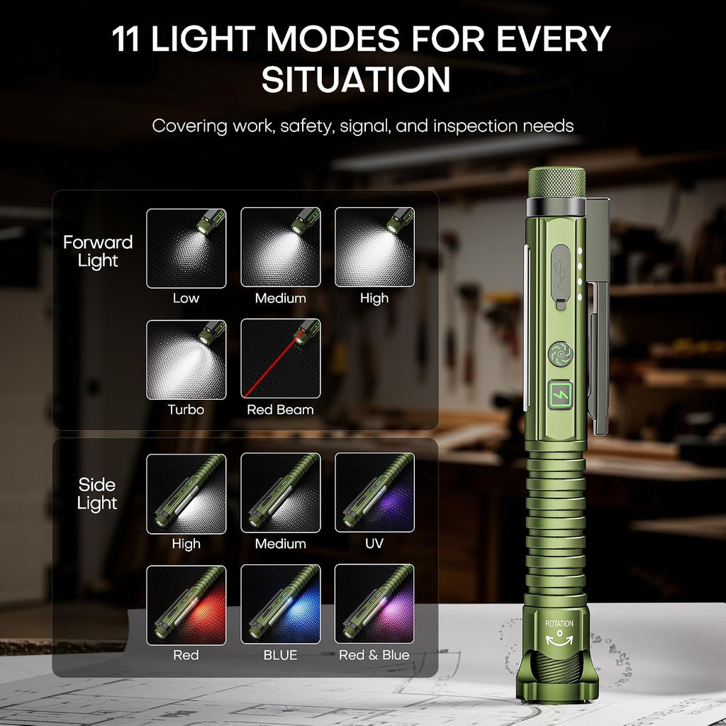 EDC Flashlight Rechargeable,800 Lumen Small Flashlight with Magnetic Clip & Base, 11 Modes LED Flashlight,Glass