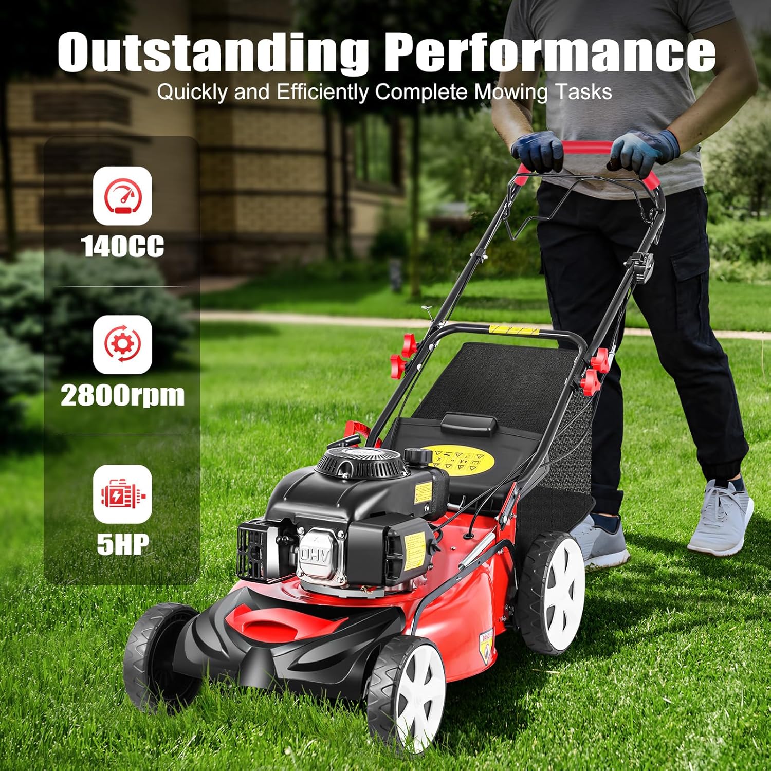 140cc Gas Powered Self Propelled Lawn Mower - Easy to Start,20”Adjustable Height Multi Functional Gas Push Lawnmower