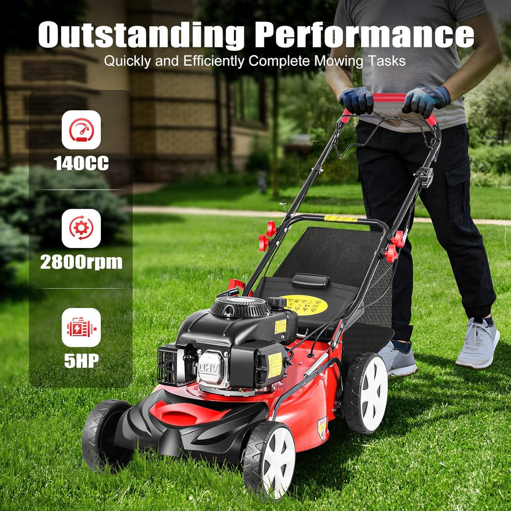 21-Inch 5HP Lawn Mower, 140CC 4-Stroke OHV Engine, Self-propelled Gas Powered Lawn Mowers, 8 Height Adjustment Push