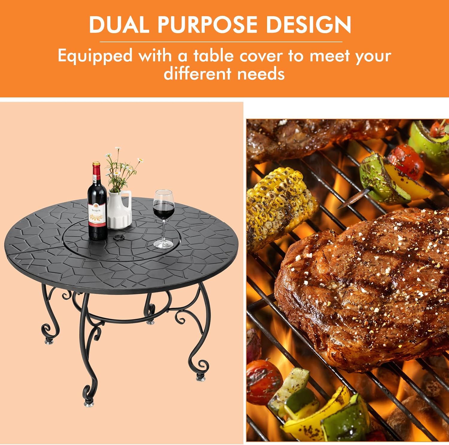 4-in-1 Fire Pit Table, 36" Outdoor Metal Round Dining Table
