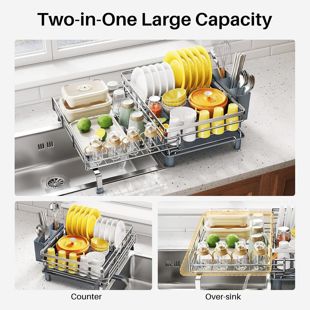 Expandable Dish Drying Rack for Kitchen Counter, Stainless Steel, Silver
