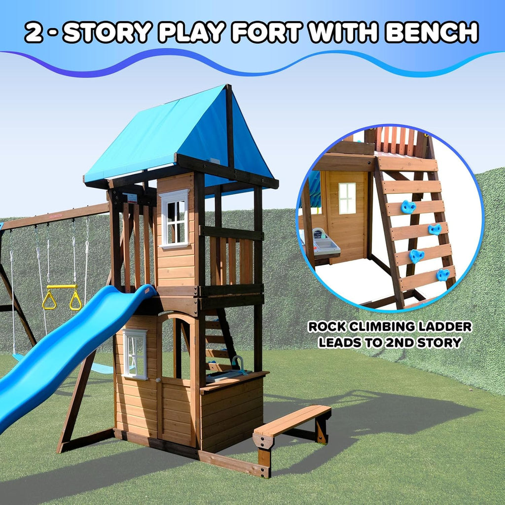 8-in-1 Lakeview Outdoor Cedar Wooden Swing Set: Belt Swings, Trapeze Play Fort with Play Kitchen, Bench & Rock