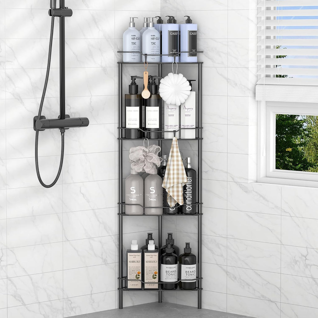 4 Tier Floor Standing Corner Shower Caddy Organizer Shelf with Hooks, Bathroom Shelves Stand Rack, Black | Adhesive
