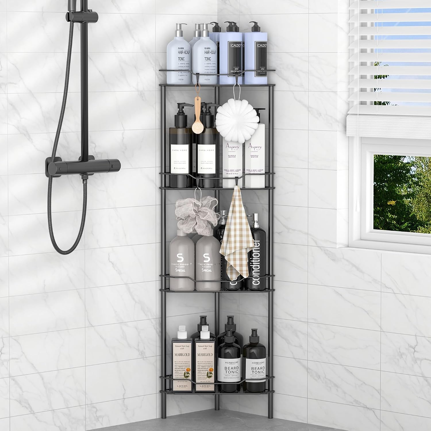 4 Tier Floor Standing Corner Shower Caddy Organizer Shelf with Hooks, Bathroom Shelves Stand Rack, Black | Adhesive