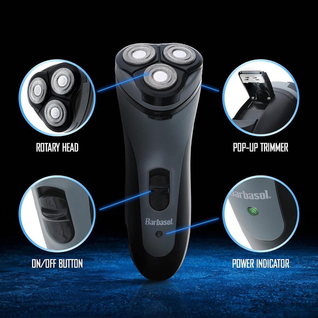 Barbasol Rotary Shaver, Rechargeable Electric Rotary Shaver with Stainless Steel Blades, Pop-Up Trimmer, Wireless