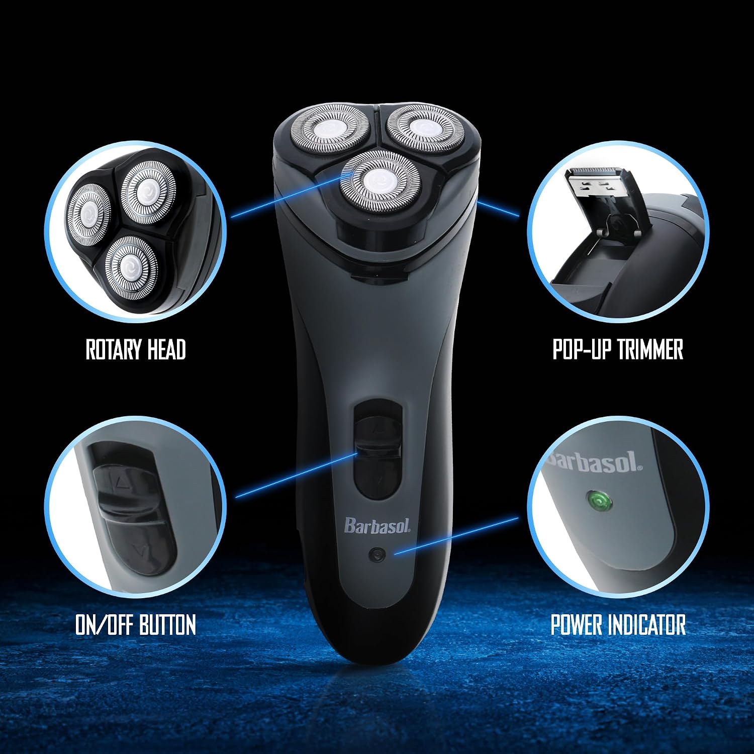 Barbasol Rotary Shaver, Rechargeable Electric Rotary Shaver with Stainless Steel Blades, Pop-Up Trimmer, Wireless