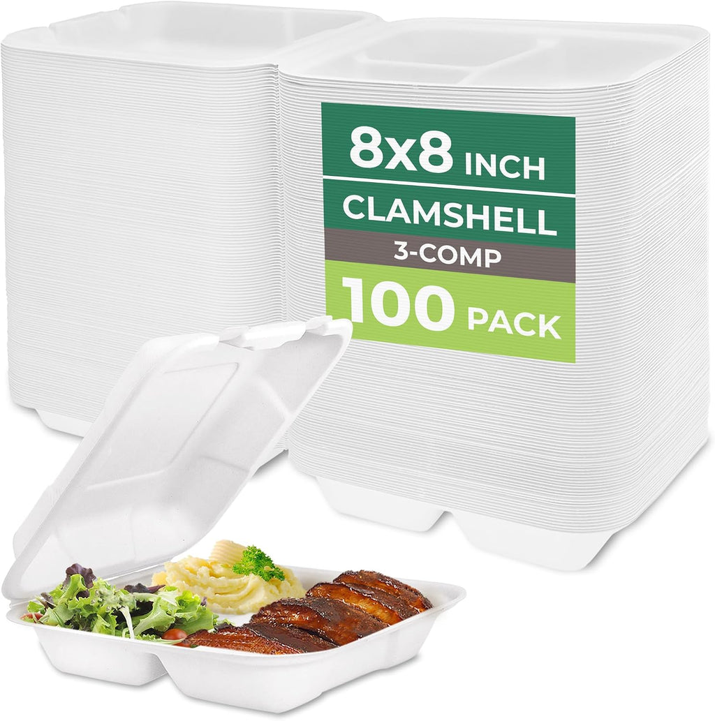 Clamshell Food Containers with Lids [8x8"] 3-Compartment 100-Pack, Disposable To Go Containers, Biodegradable