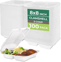 Clamshell Food Containers with Lids [8x8"] 3-Compartment 100-Pack, Disposable To Go Containers, Biodegradable