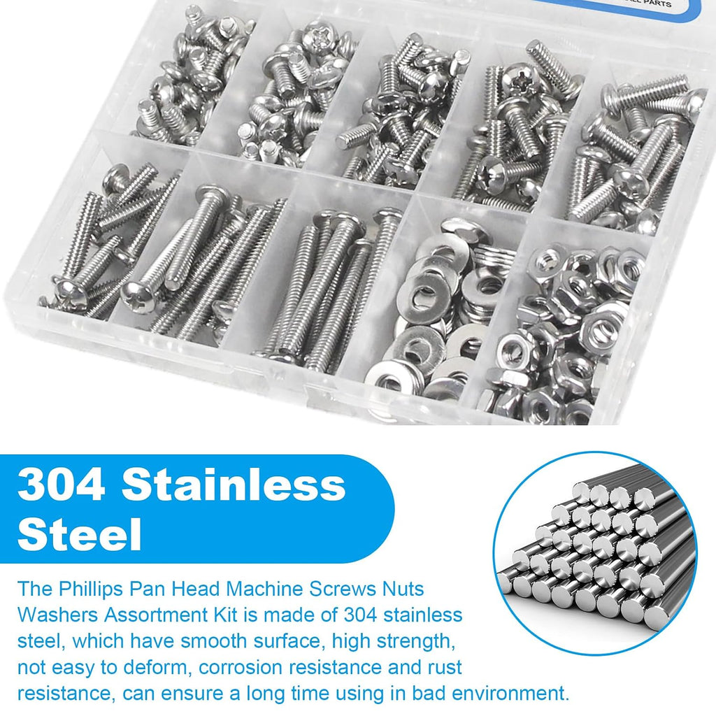 200pcs #8-32 Phillips Pan Head Machine Screws Nuts Washers Kit