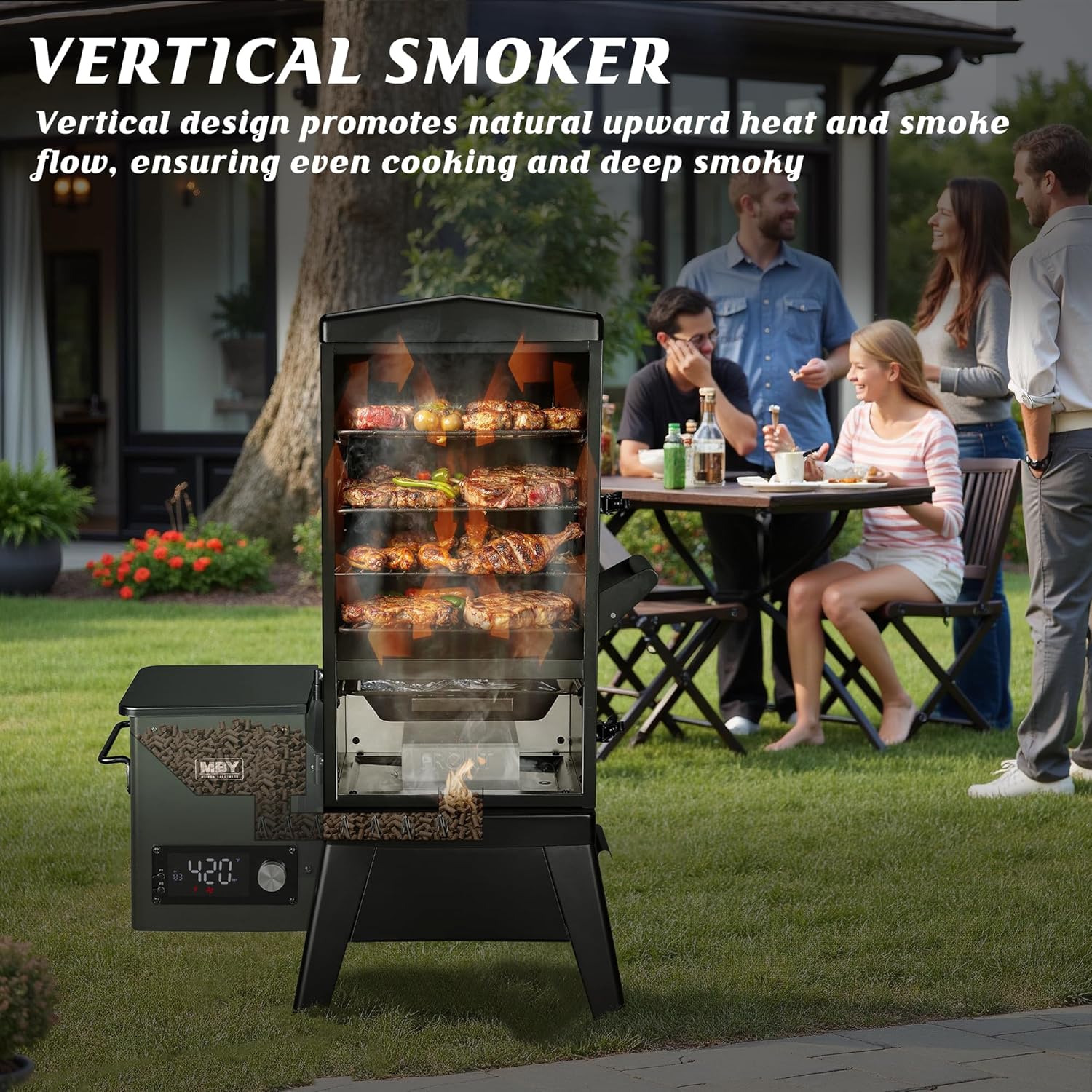 Electric Pellet Smoker with Rainproof Cover, Vertical Wood Pellet Smokers Grill With Hook Meat Probe LED Display