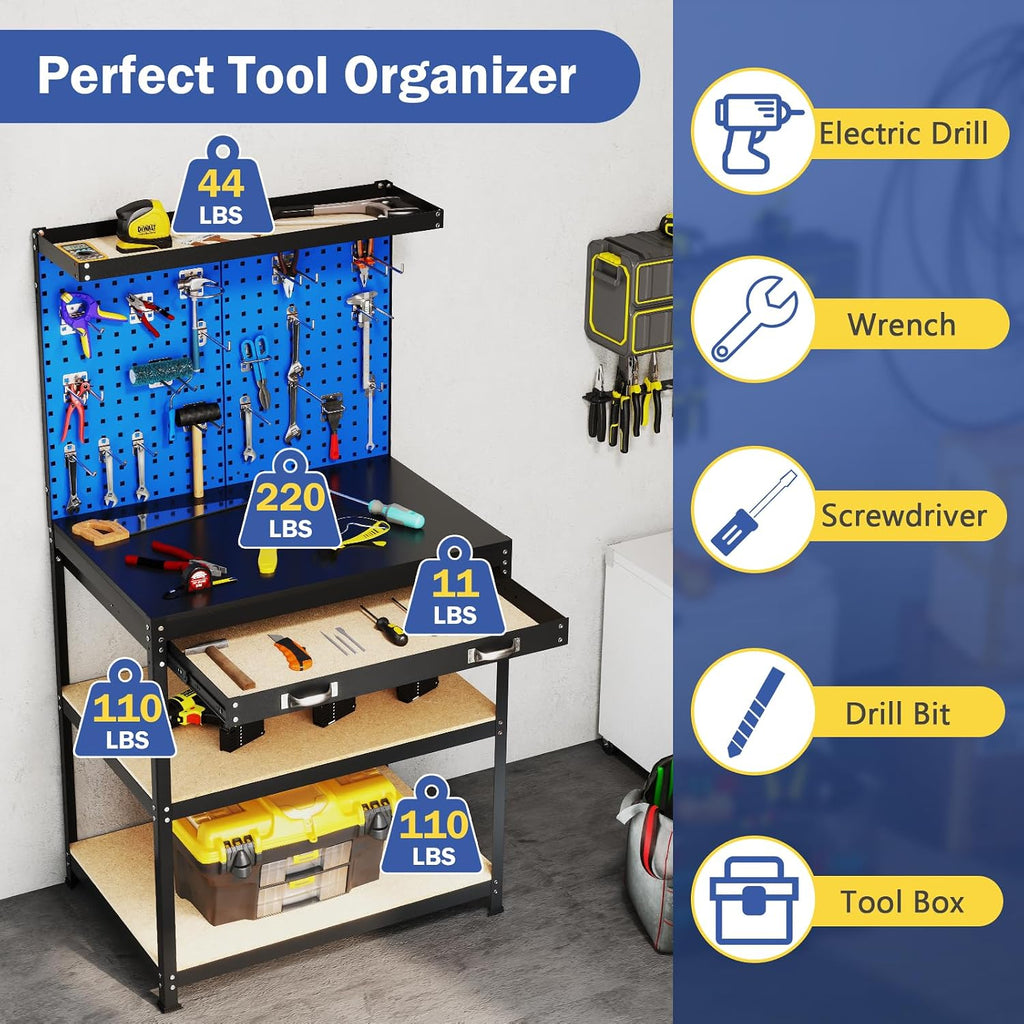 Workbench with Drawer, 32" x 16" Heavy-Duty Work Table with 2 PCS Pegboard & 4 Shelves, 19 Hanging Hooks, 495LBS