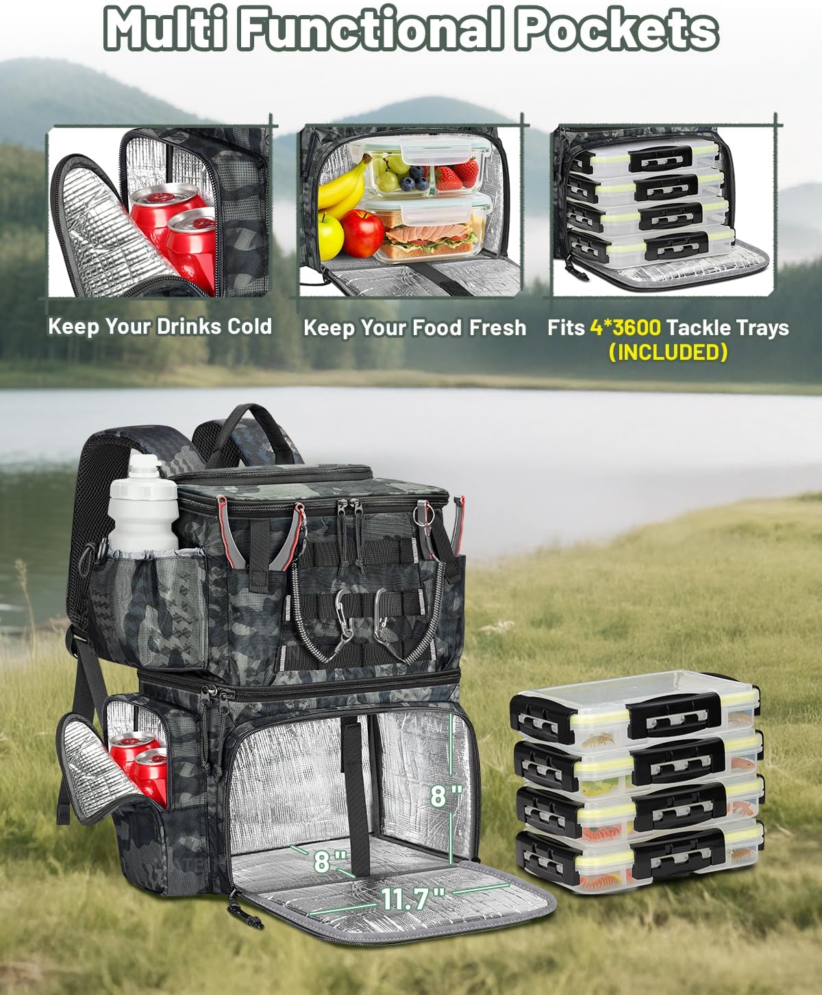 Fishing Backpack with 4 Tackle Boxes, Fishing Bag with Rod Holder | 3600 Tackle Box 4 Pack, Water Resistant Tackle