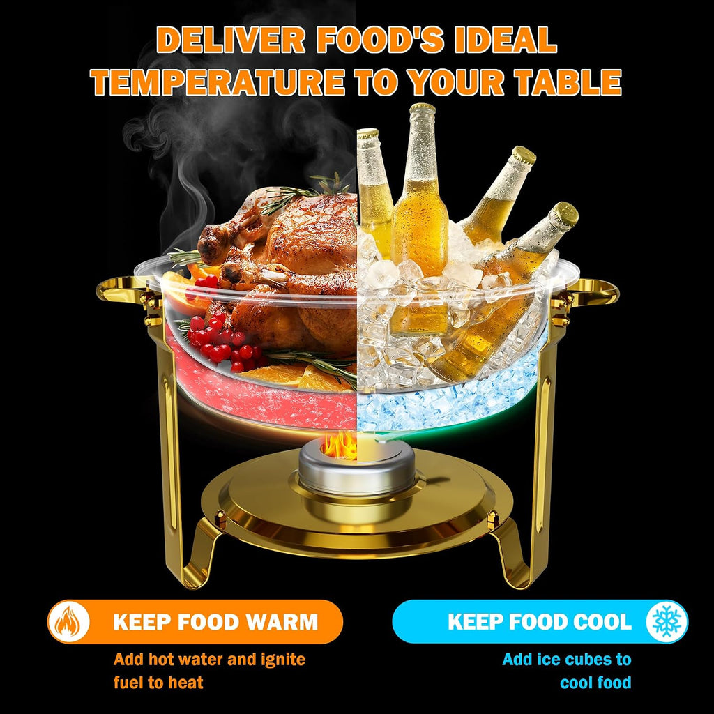 6QT 4 Pack Round Chafing Dishes for Buffet with Glass Lid, Gold | Stainless Steel Chafing Dish Set, Buffet Servers