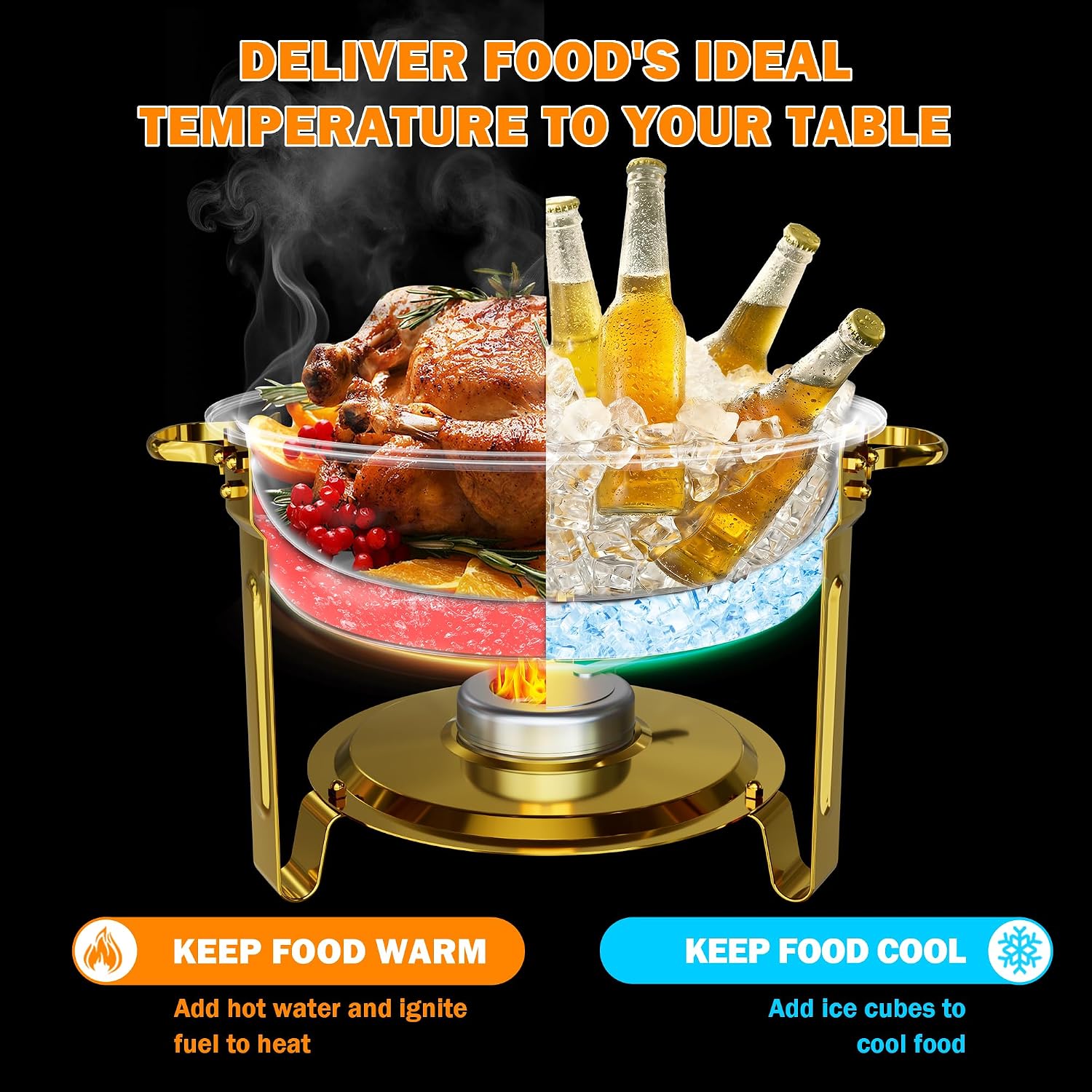 6QT 4 Pack Round Chafing Dishes for Buffet with Glass Lid, Gold | Stainless Steel Chafing Dish Set, Buffet Servers