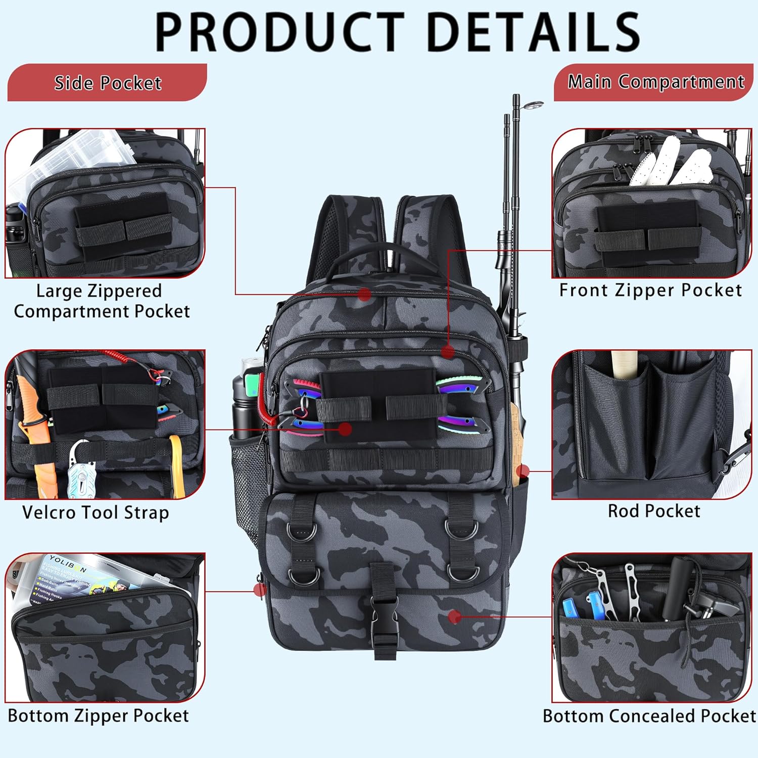 Fishing Backpack with Tackle Boxes,Fishing Sling Tackle Bag with Rod Holder Waterproof Fishing Bag with Fishing Gear