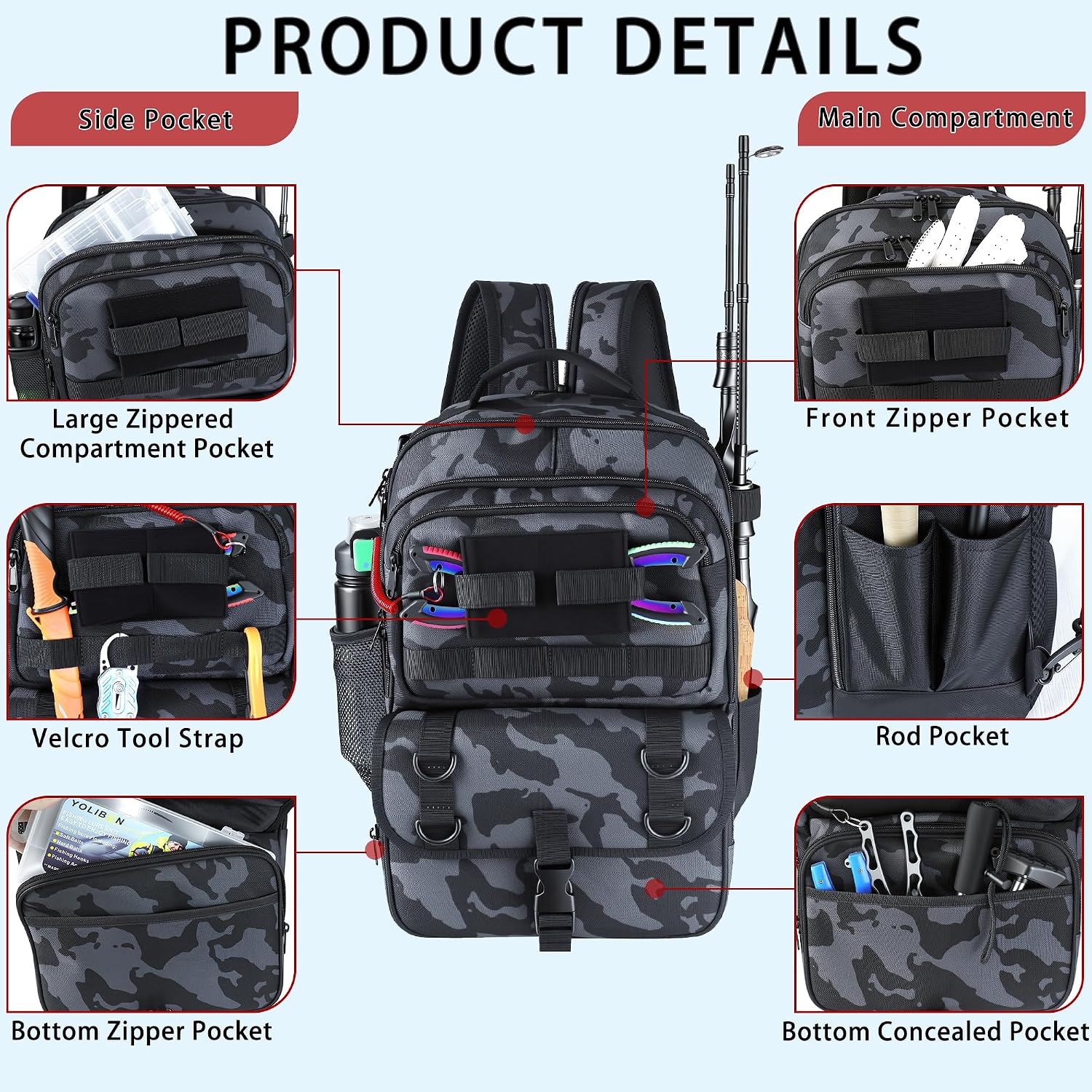 Fishing Backpack with Tackle Boxes,Fishing Sling Tackle Bag with Rod Holder Waterproof Fishing Bag with Fishing Gear