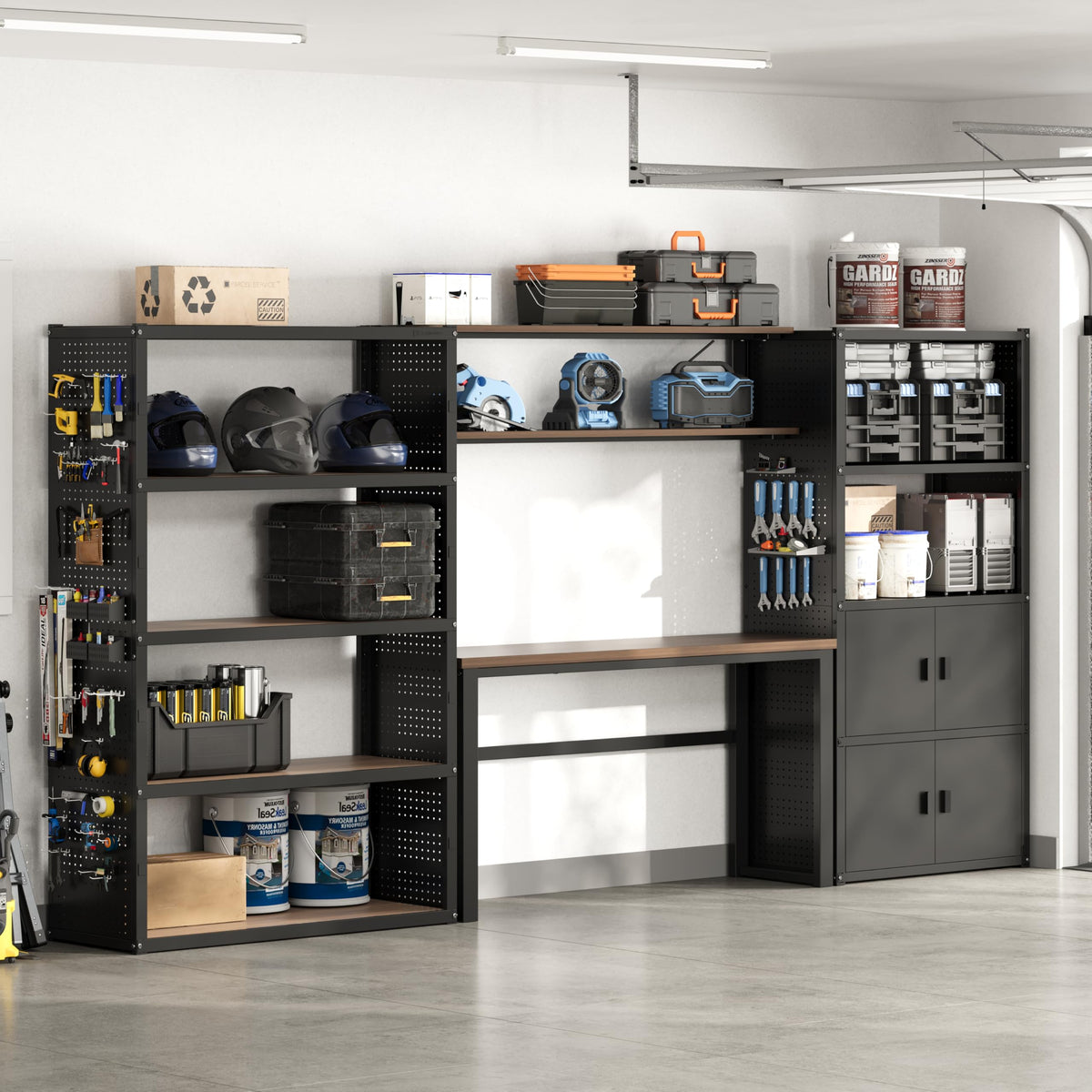 129"L Modular Garage Storage Cabinet with Workbench, Black