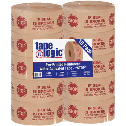 Tape Logic 3 Inch x 450 Feet, Pre-Printed, Stop Reinforced Gummed Packing Tape, Water Activated Tape, Kraft, for