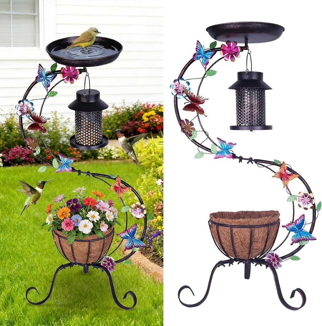 3-in-1 Vintage Bird Bath & Detachable Hanging Bird Feeder with Flower Planter, Metal Heavy Duty Outdoor Birdbath