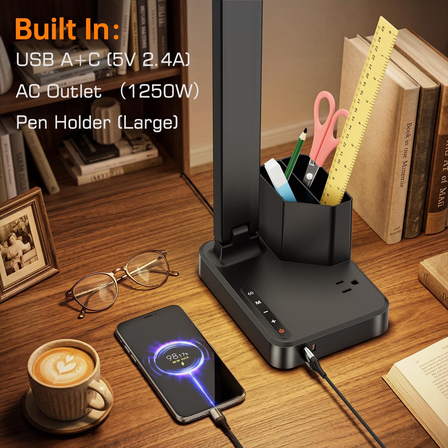 LED Desk Lamp USB A/C AC Pen Holder Dorm Home Office Desk Light Black | Adjustable LED Desk Light with USB A/C, AC