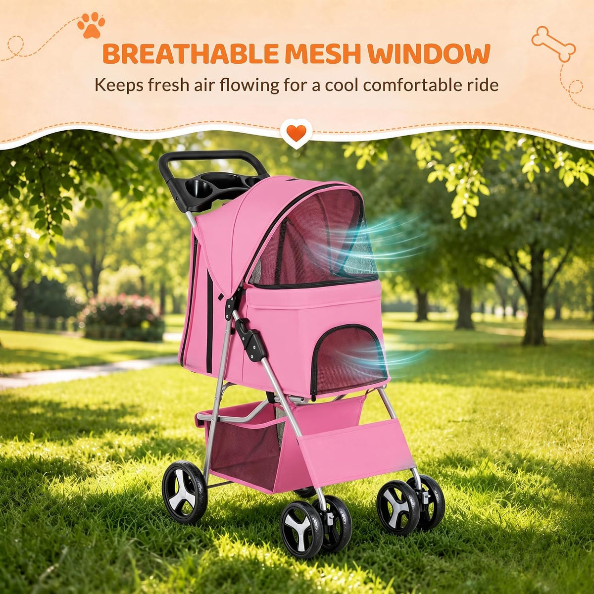 Foldable Pet Stroller, Cat/Dog Stroller with 4 Wheels