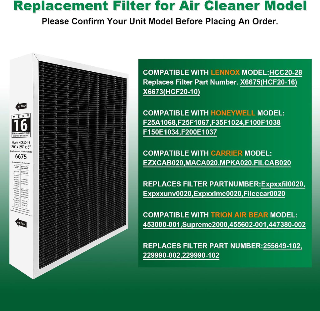 X6675 20x25x5 in. MERV 16 HVAC Furnace Air Filter, 2-PACK | Carbon-Infused, Fits Lennox X6675 & HCC20-28 Furnace HVAC