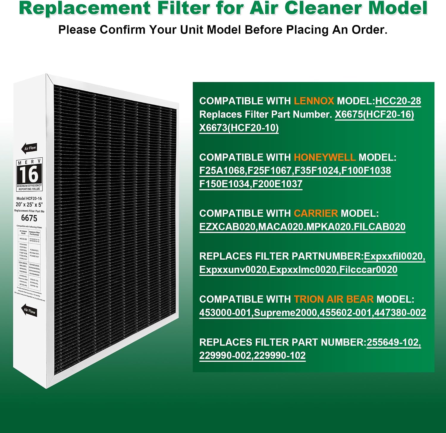 X6675 20x25x5 in. MERV 16 HVAC Furnace Air Filter, 2-PACK | Carbon-Infused, Fits Lennox X6675 & HCC20-28 Furnace HVAC