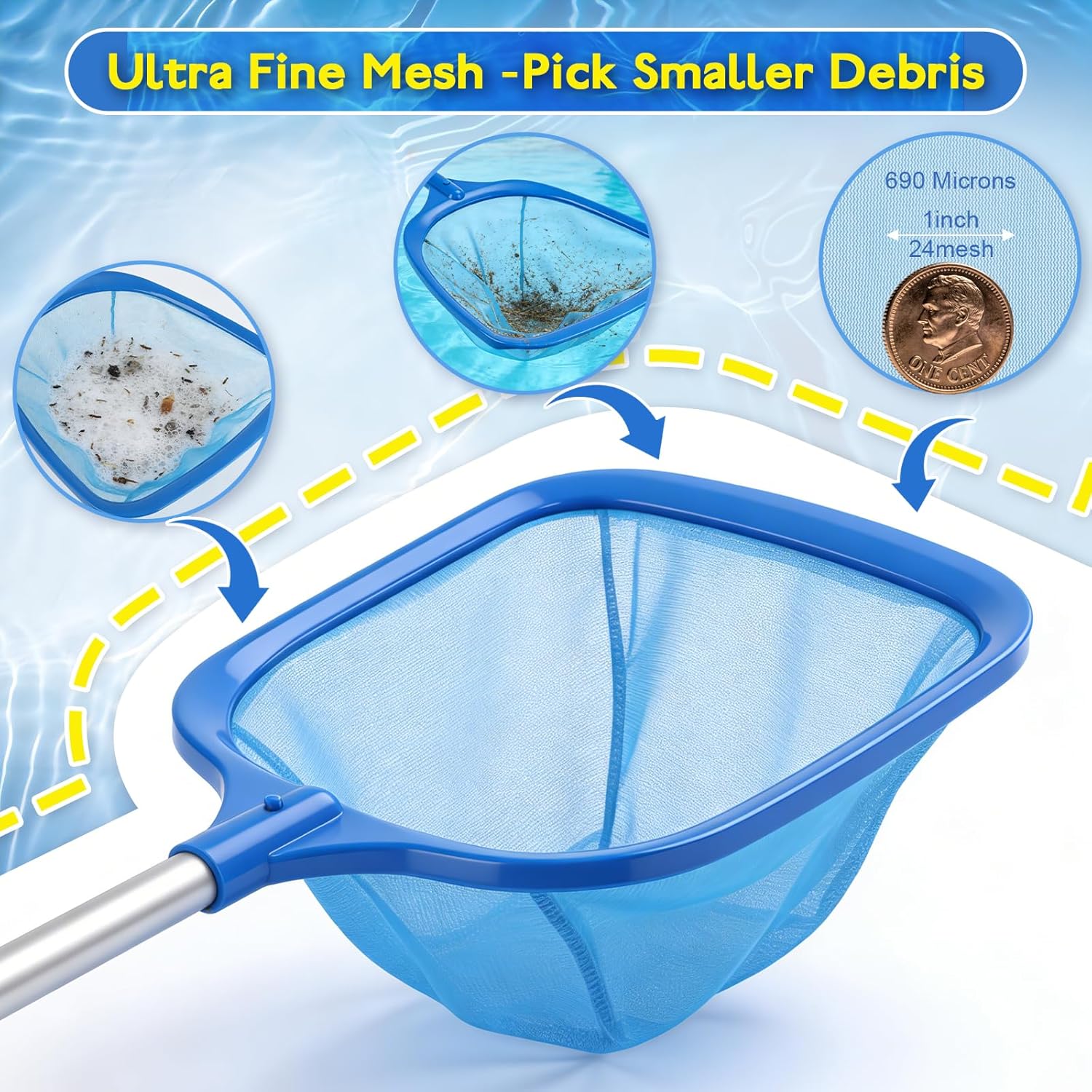 Hot Tub Pool Skimmer Spa Net with 12'' Aluminum Pole 11" x25" Blue Mesh, 6-Inch Deep for Small Above Ground Pools