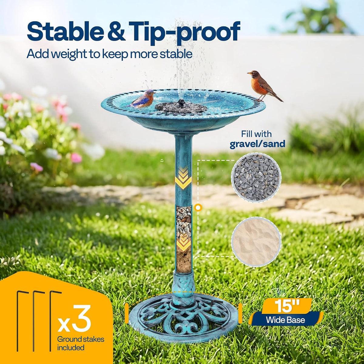 Bird Bath with Solar Fountain for Outside, Pedestal, Blue
