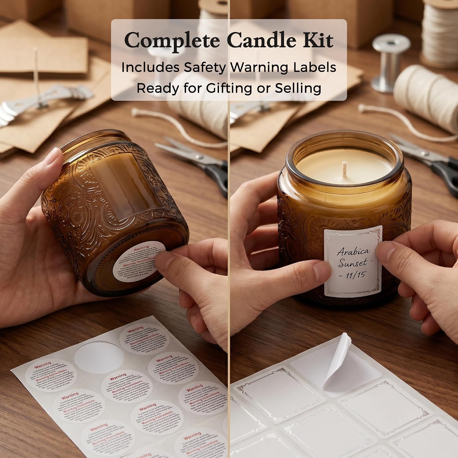 10 oz Mocha Sun Moon Stars Candle Jars with Metal Lids, 9 Pack | Patented Embossed Design, Includes Wick Centering