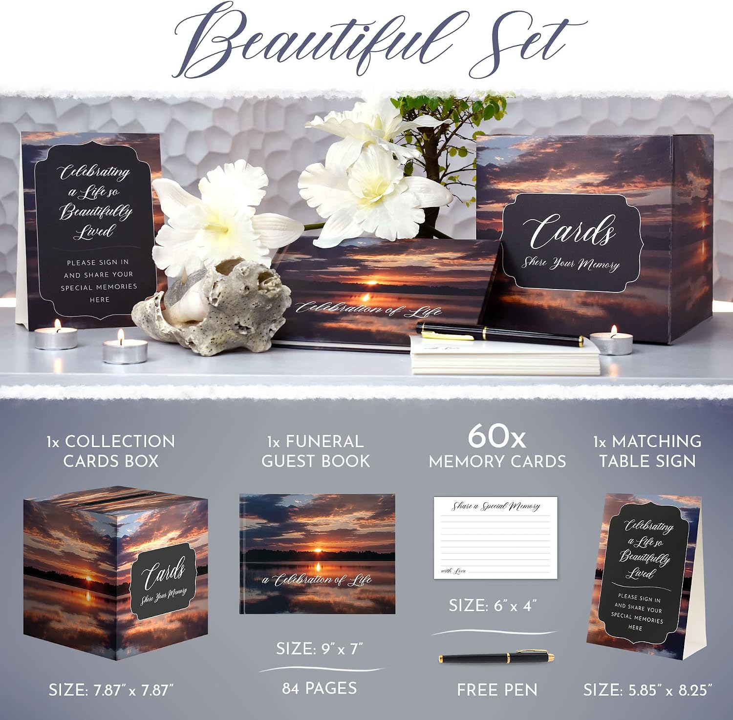 All-In-One Funeral Guest Book Set – Elegant Memorial Guestbook, Funeral Register Book, 60 Memory Cards, Collection