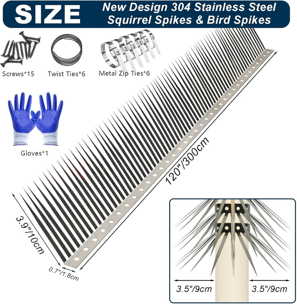 Bird Spikes, Squirrel Spikes and Squirrel Baffles Keep Raccoons, Cats and Snakes Away from Gardens, Fences and