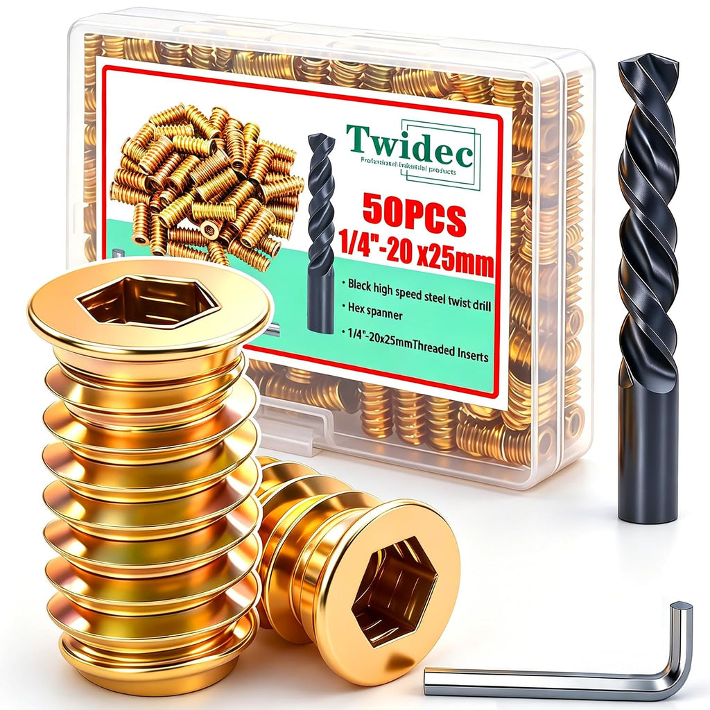 Twidec/50PCS 1/4"-20 Threaded Inserts for Wood Furniture Screw-in Nut Wood Inserts Bolt Assortment Kit with M6 Hex Wrench (1/4"-20 x25mm) N-059-1/4x25