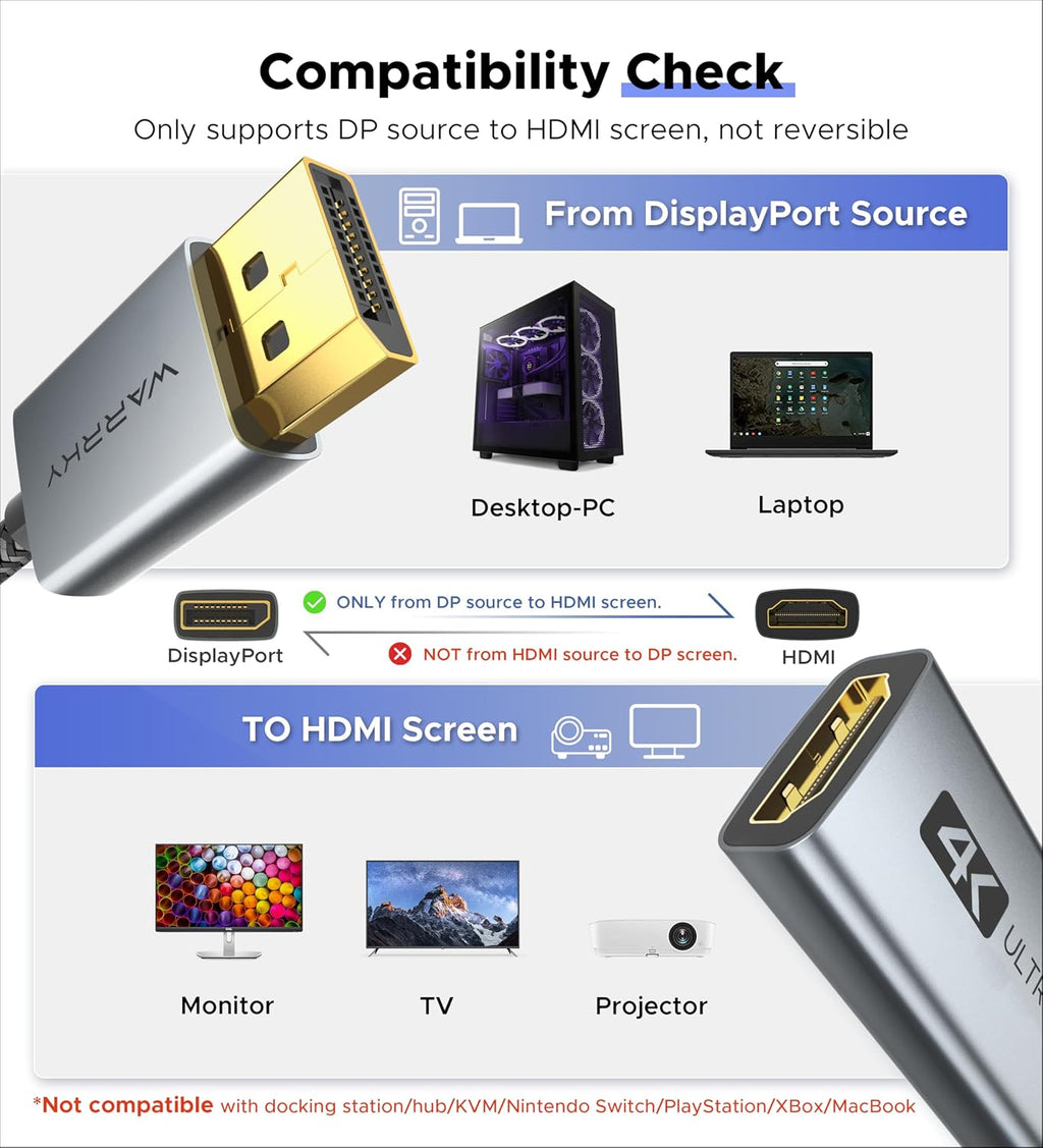 4K DisplayPort to HDMI Adapter, Uni-Directional DP 1.2 to HDMI 2.0 | DisplayPort to HDMI Adapter Male to Female