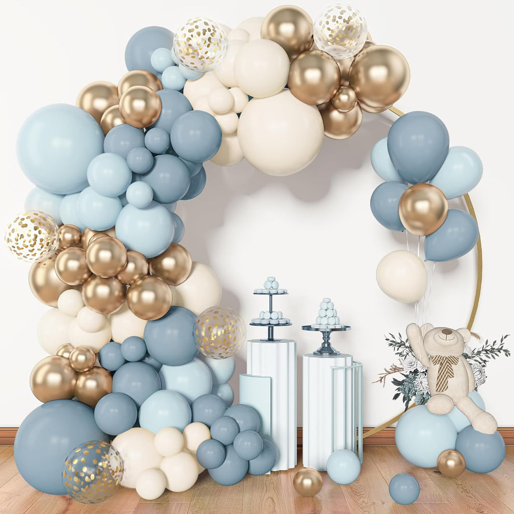 153pcs Dusty Blue Balloon Garland Arch Kit, Different Sizes 18 12 10 5 inch Blue White Sand Latex Metallic Confetti