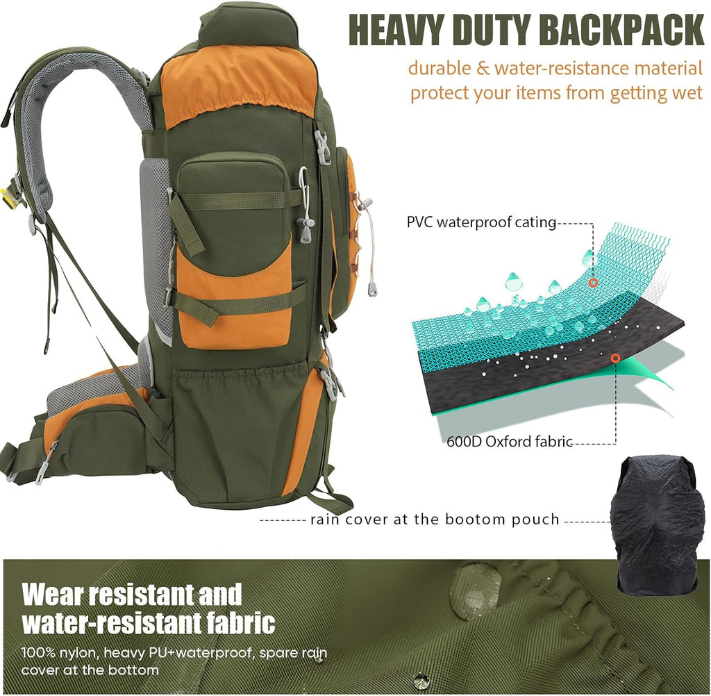 70L (65+5) Waterproof Hiking Camping Backpack with Rain Cover, Outdoor Sport Travel Daypack for Climbing Touring