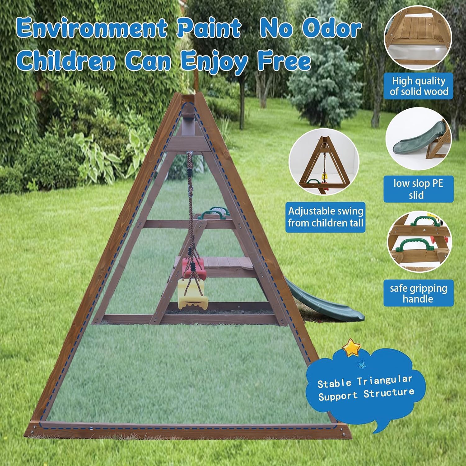 Kids Swing Set Outdoor and Slide - Sturdy Solid Wood Swing Frame with Climbing Ladder - Natural