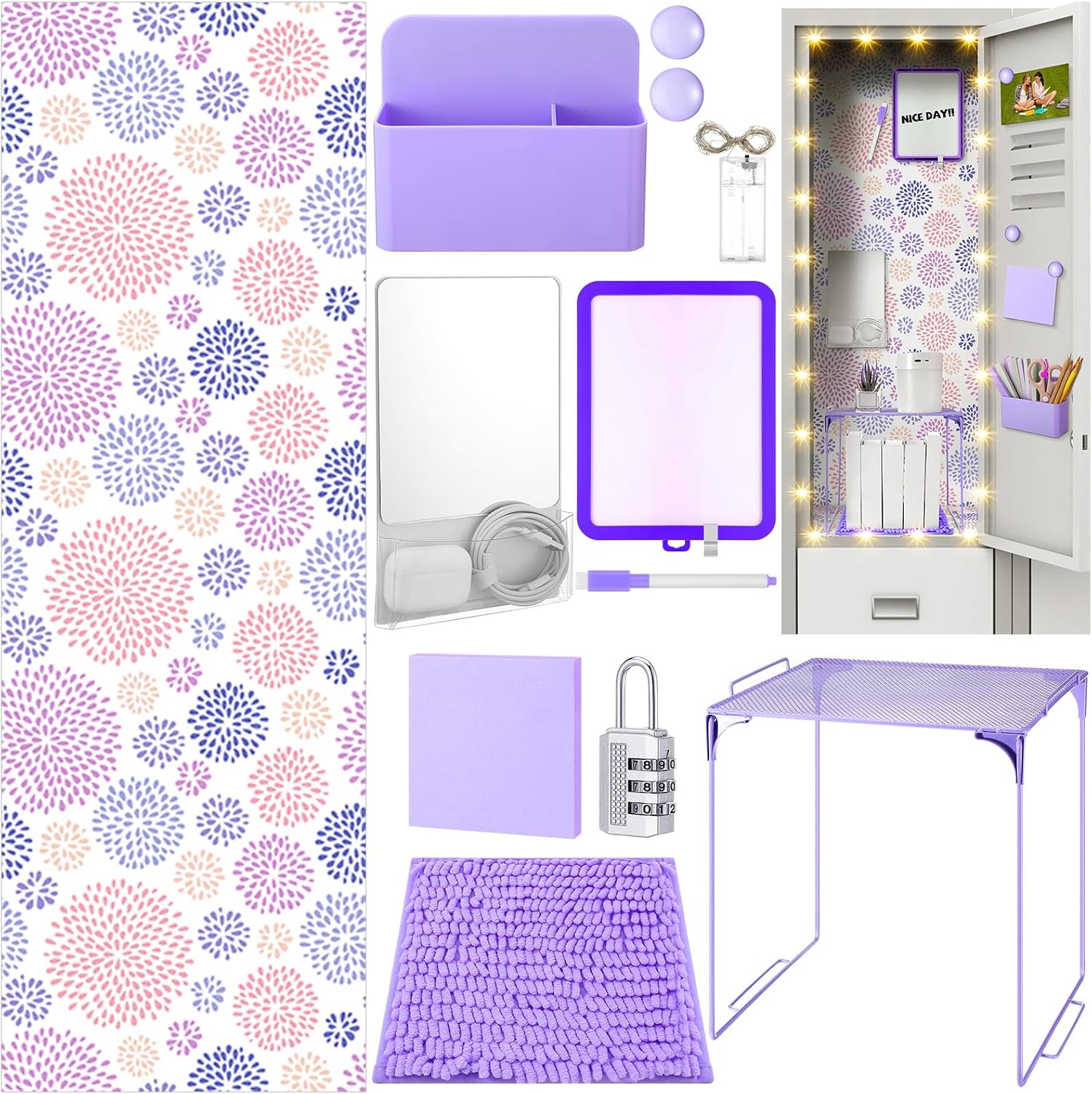 19 Pcs Purple Locker Accessories Kit Back to School Locker Decors | Purple Locker Decorations with Magnetic Mirror